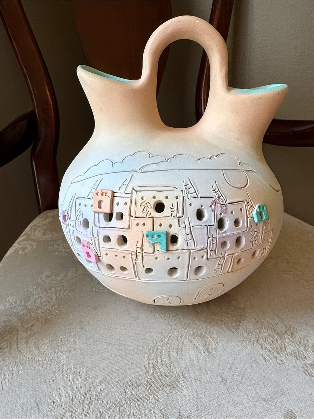 1988 signed Nancy Lohmeier wedding vase Earthworks Pottery, Pueblo houses